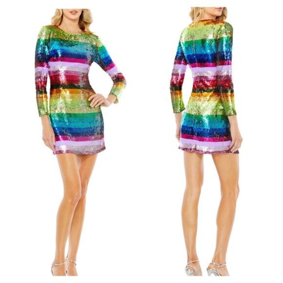 Mac Duggal Rainbow Striped Sequin Cocktail Long Sleeve Mini Dress - Picture 1 of 5